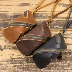 Creative First-Layer Genuine Leather Key Bag, Pure Cowhide Hand-Held Mini Bag, Zipper Car Key Coin Purse for Men
