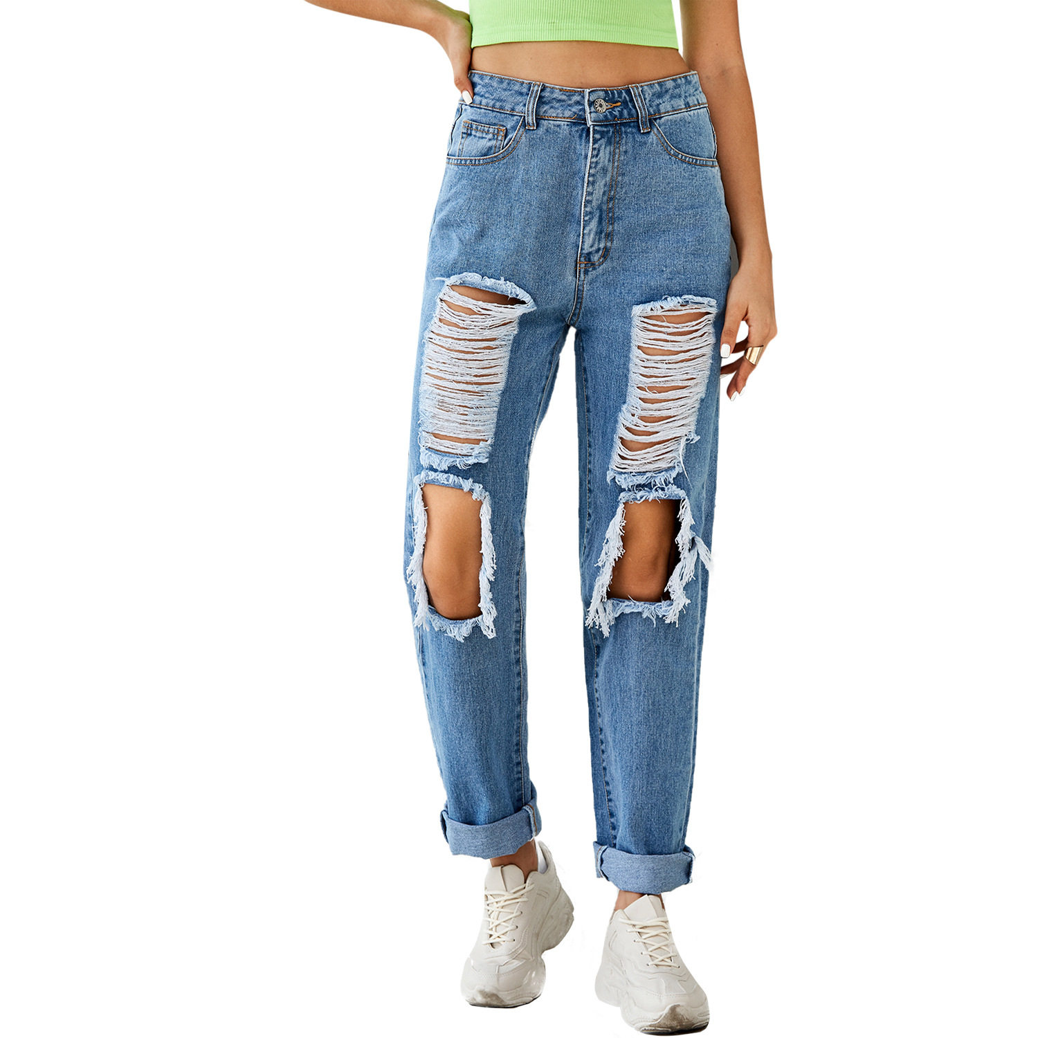 High Waisted Ripped Straight Leg Jeans Stylish Design Casual Fit Spring Summer Wear Wholesale Available