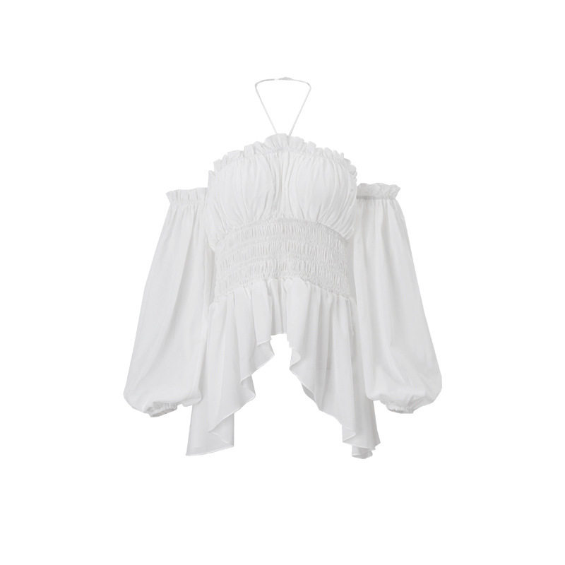 Off Shoulder Ruffled Blouse Slim Fit Lantern Sleeves Wrinkled Fabric Spring Fashion Wholesale Available