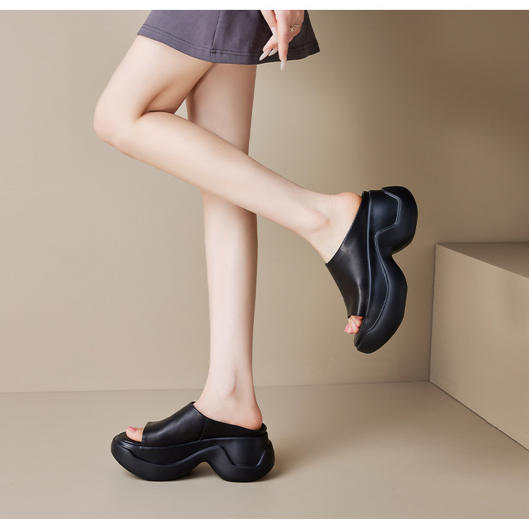 Dép sandal nữ quai ngang đế dày tăng chiều cao 8cm — Màu đen, Màu trắng be