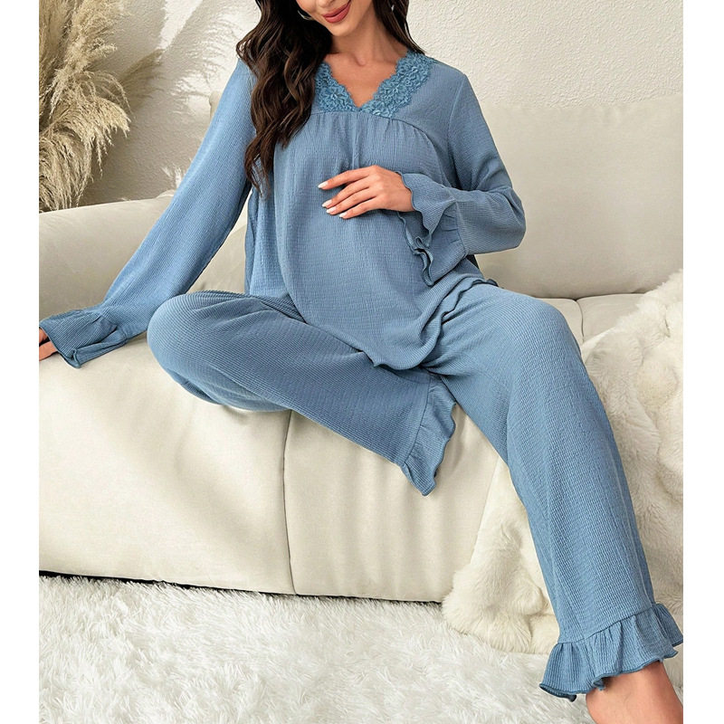 V-Neck Lace Trim Loose Maternity Pajamas Women's Suit Spring & Fall New European and American Bell-Sleeved Pants Home Wear
