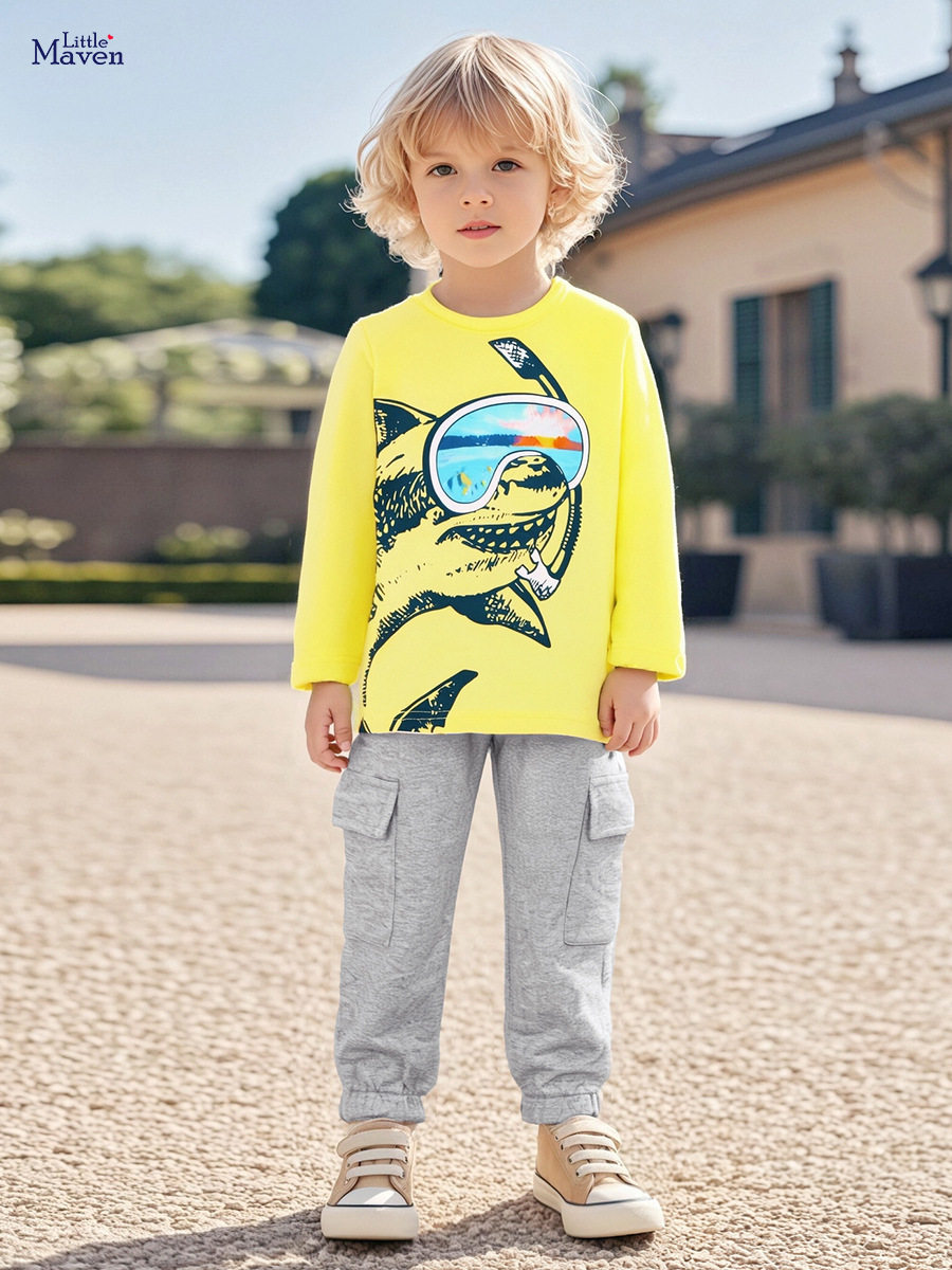 T-shirt garçon style, haut enfant mignon automne, t-shirt manche longue coton dessin animé