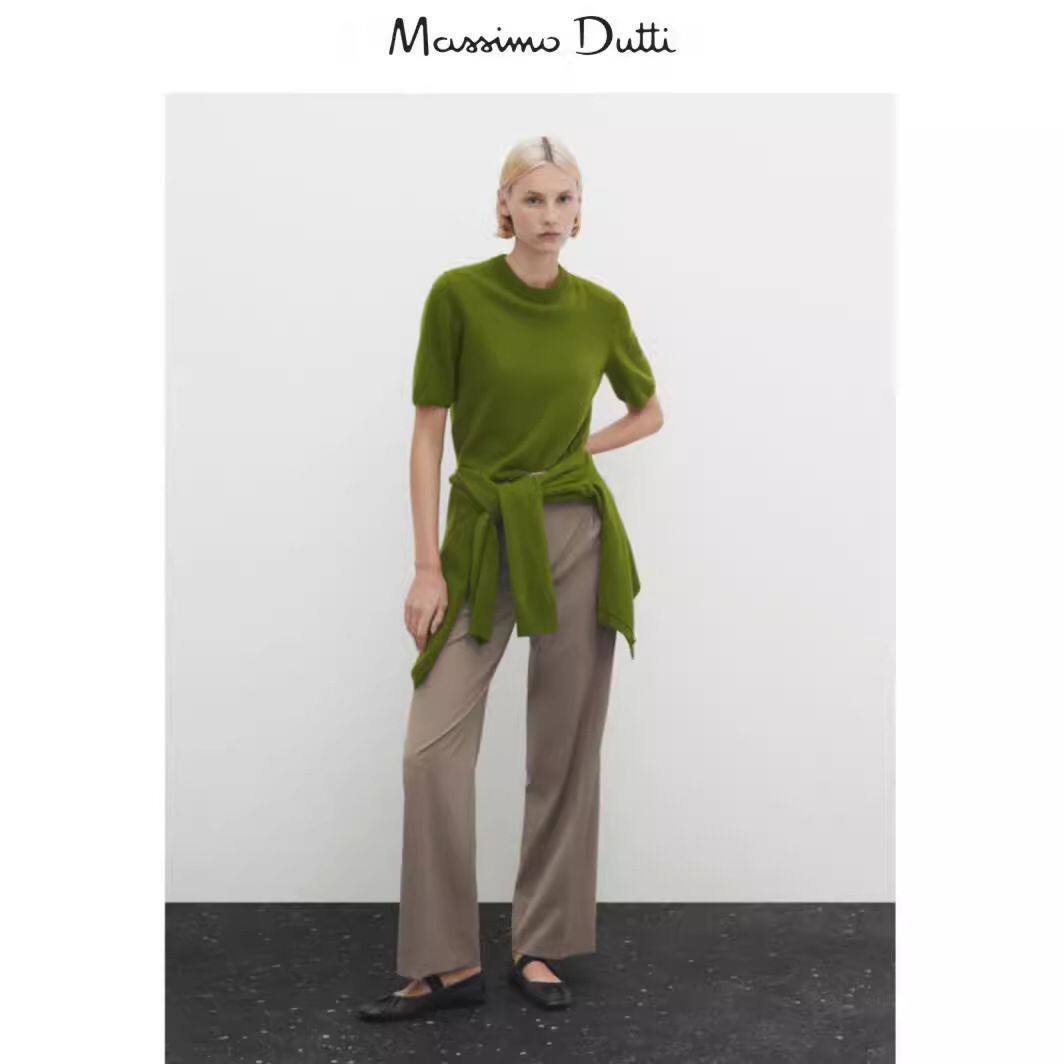 Женский свитер Massimo Dutti, новинка весны 2024 года, из зеленой полушерстяной ткани с круглым вырезом и короткими рукавами. Изображение 1
