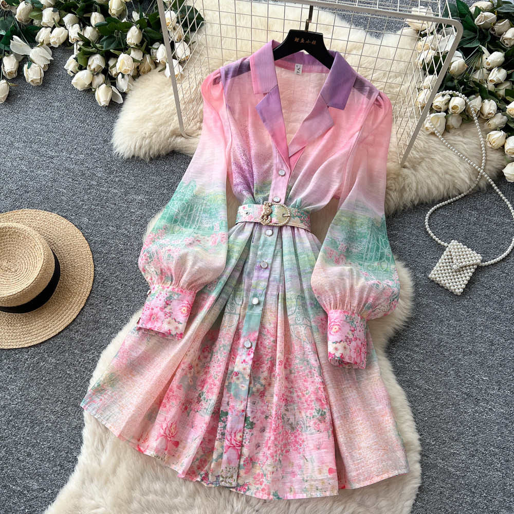French Romantic Gradient Print Long Sleeve Dress Button Closure Waist Tie Elegant Silhouette Summer Occasion
