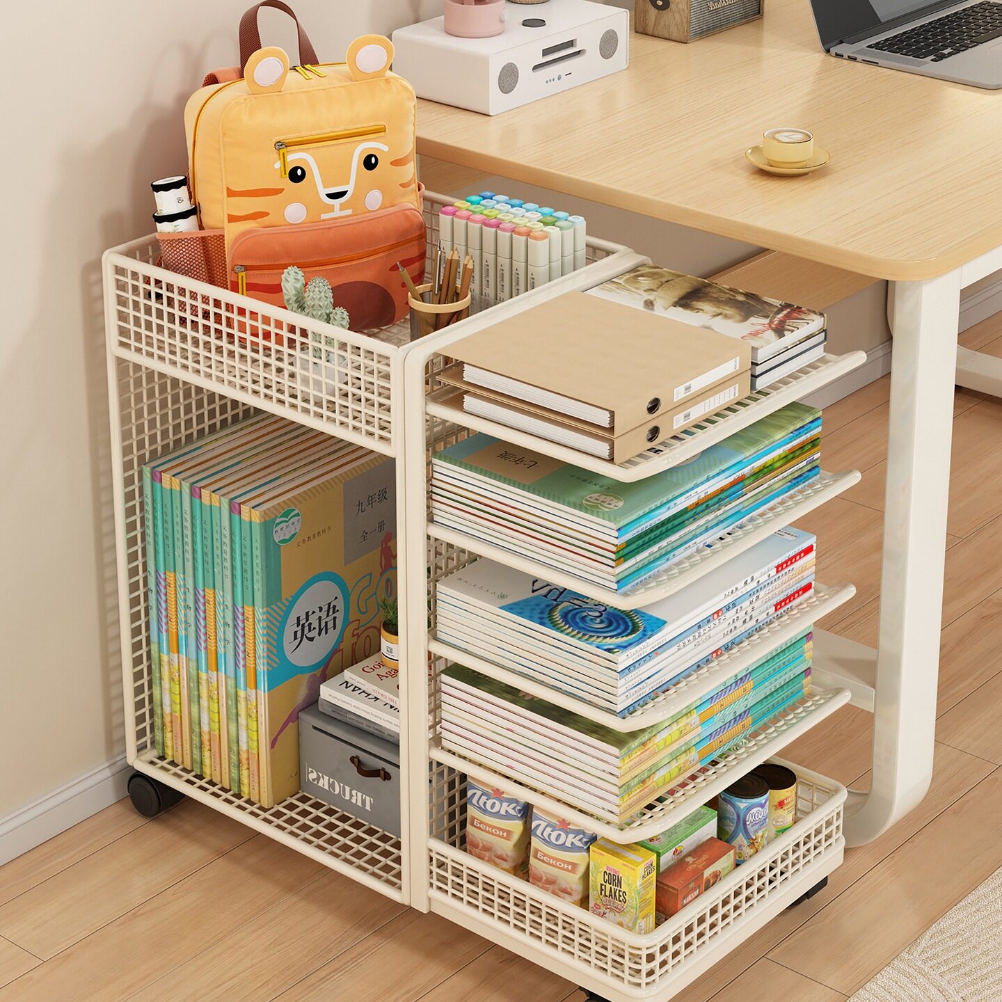 Subject Classification Storage Rack Desktop Bookshelf Desk Book Storage Wheeled Removable Book Stand Layered Rack Silk Flower