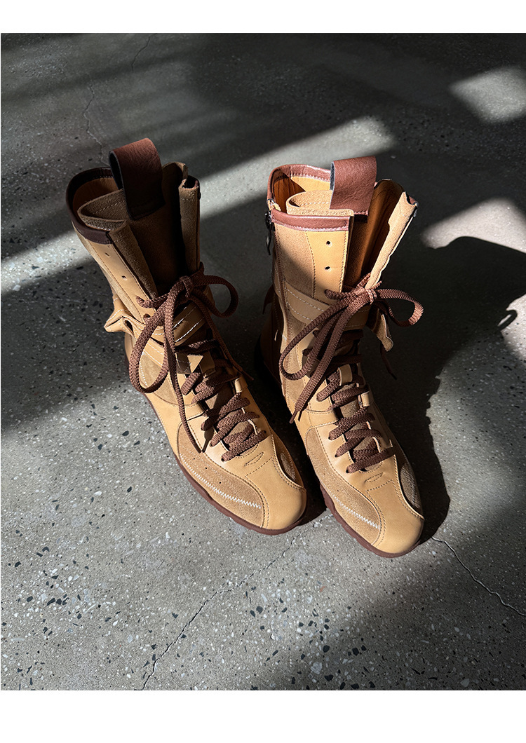 Boot nữ da bò lộn cổ thấp tăng chiều cao gót 3cm — Màu đen, Màu kaki, Màu nâu