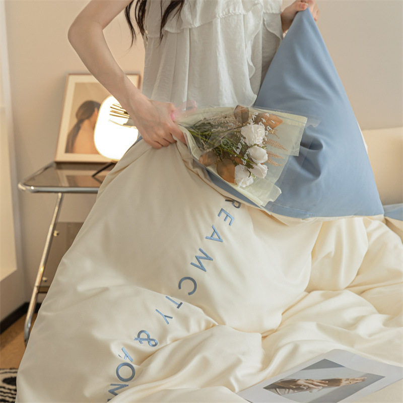 New washing and sanding four-piece set solid color washing cotton quilt cover sheet bed hat four-season bedding kit wholesale