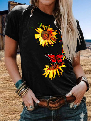 Plus Size Womens Short Sleeve T Shirt Sunflower Butterfly Print Casual Round Neck Top Wholesale Available