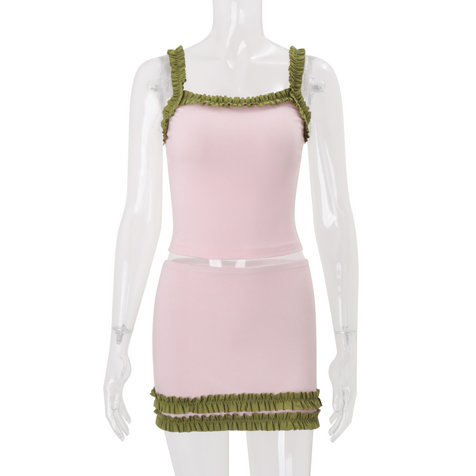 Summer Womens Street Style Ruffle Trim Cami Top and Bodycon Skirt Set Trendy Chic Comfortable Wholesale Available