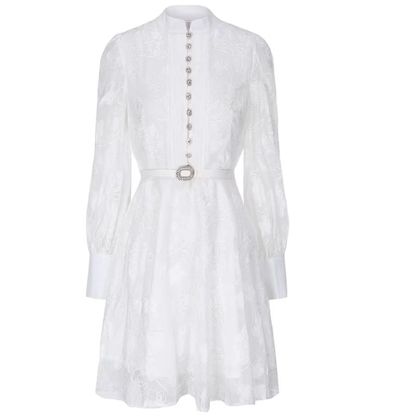 French Style Jacquard Lantern Sleeve Dress Elegant Fit Waist Tie Mid Length Perfect for Early Autumn Wholesale