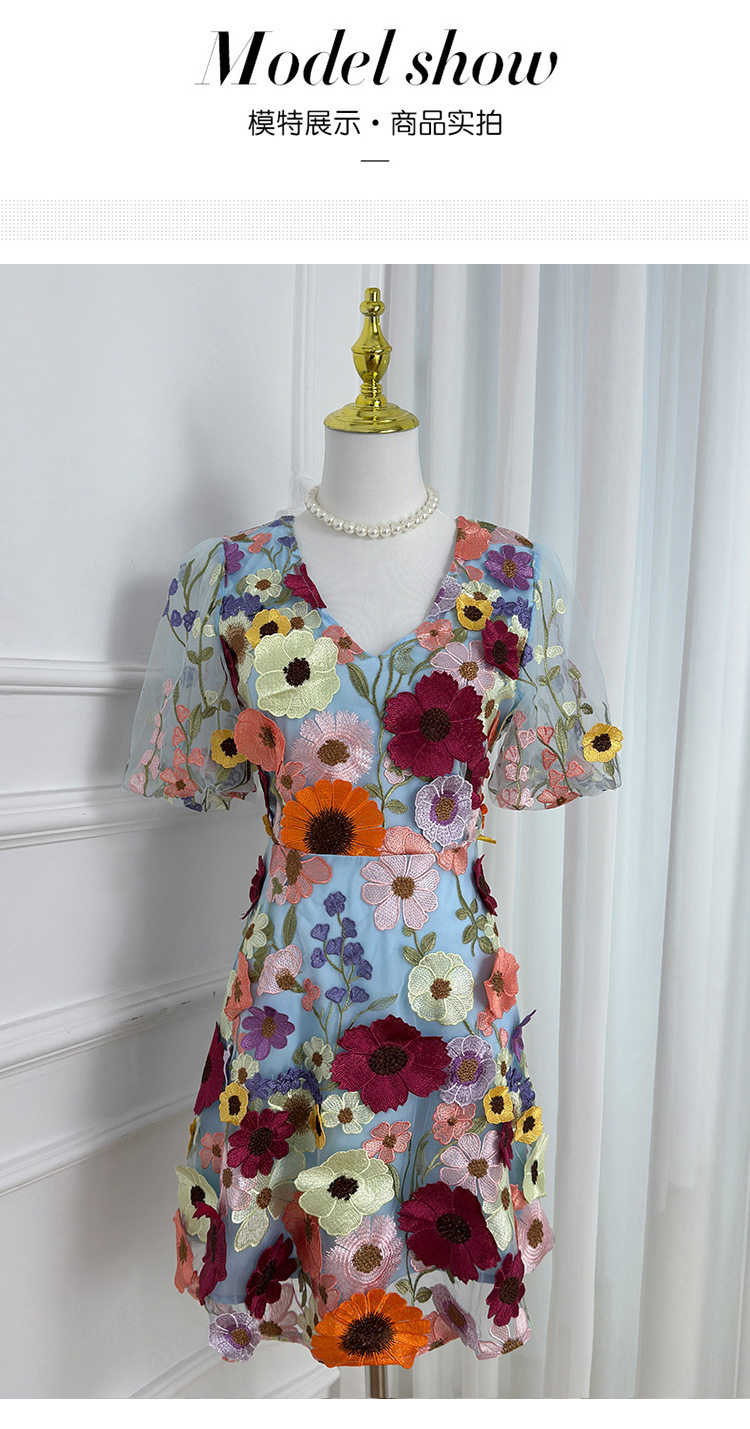 Summer V Neck Puff Sleeve Dress Handcrafted 3D Embroidery Solid Color Elegant A Line Silhouette Perfect for Parties