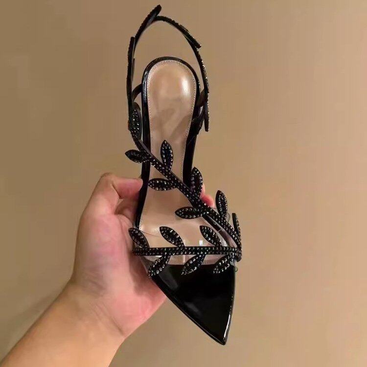 Black rhinestone leaf sandals new spring and autumn pointed toe sexy temperament stunning stiletto one-word strap celebrity high heels