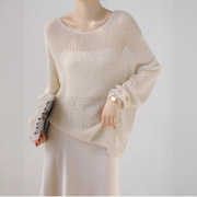 Summer Aesthetic Tencel Linen Knitted Hollow Blouse, Lazy and Loose One-Line Round Neck Long-Sleeved Sun Protection Knitted Oute