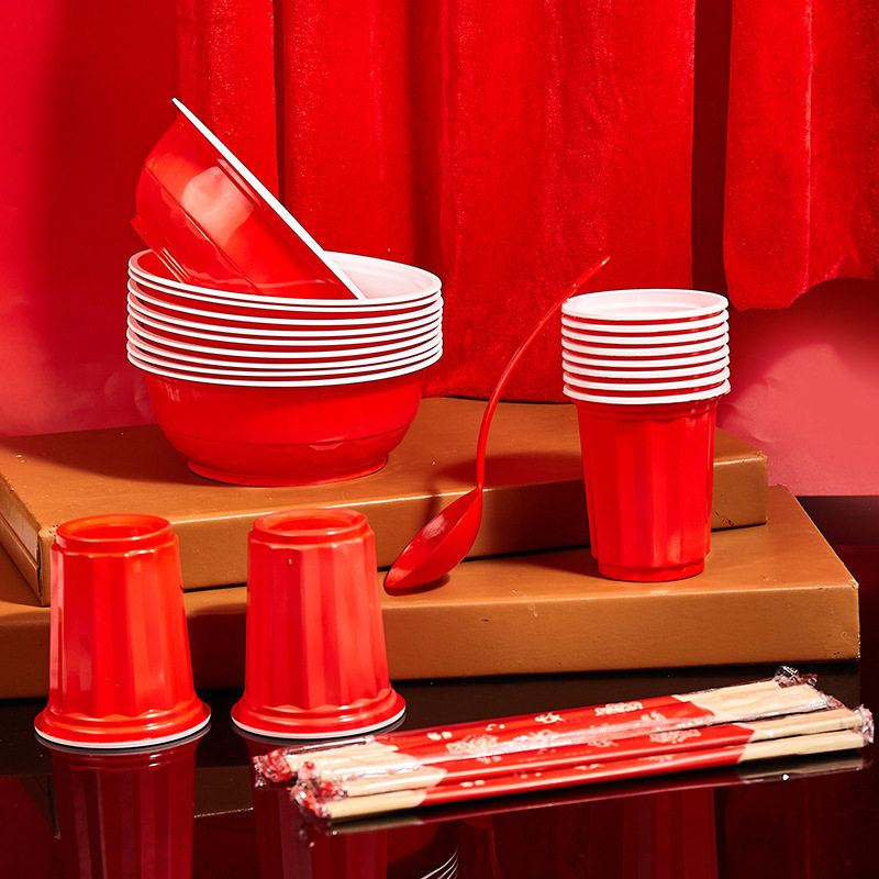 Disposable rural wedding festive bowl chopsticks suit housewarming wedding banquet cup plate spoon food grade tableware wholesale