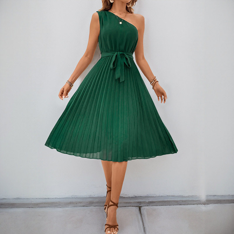 Elegant Asymmetrical Pleated Dress Solid Color One Shoulder Design Suitable for Parties Wholesale Available