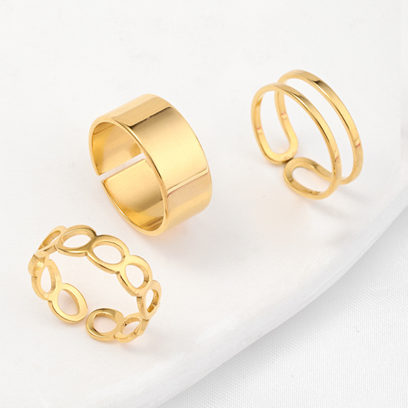 钛钢戒指三件套饰品 不掉色设计小众开口可调节 套装素圈指环厂家