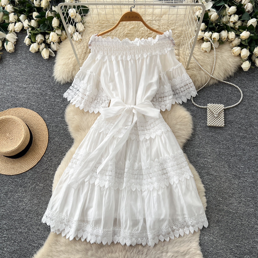 Off Shoulder Lace Trimmed Dress Summer Short Sleeve Red Slim Fit Elegant Style Perfect for Romantic Occasions