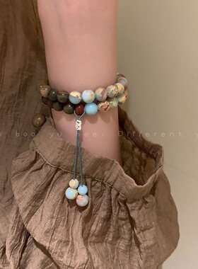 寿山绿檀木拼接手串女中国风禅意木质手链复古民族风盘玩手饰