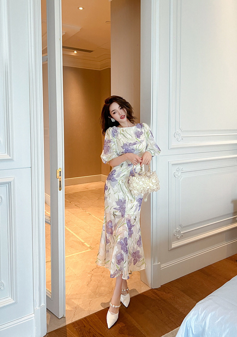 Đầm ôm body nữ cổ tròn tay bồng đuôi cá — [Tím] chi tiết 8