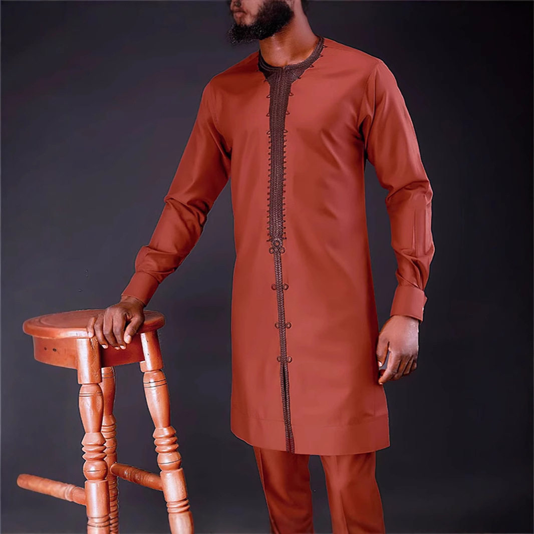 传统外贸非洲风格男士结婚新西装2件套圆领长袖上衣加裤子外贸