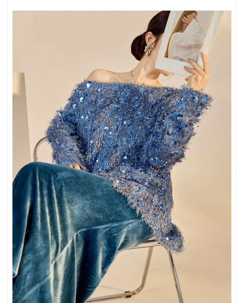 Set áo len dài tay cổ V đính sequin kèm chân váy nhung dài vừa — Váy màu lục lam (giao hàng trong 7 ngày), Váy màu lục lam (phát hành cùng ngày), Áo sequin (giao hàng trong 7 ngày), Áo sequin (giao hàng trong ngày)