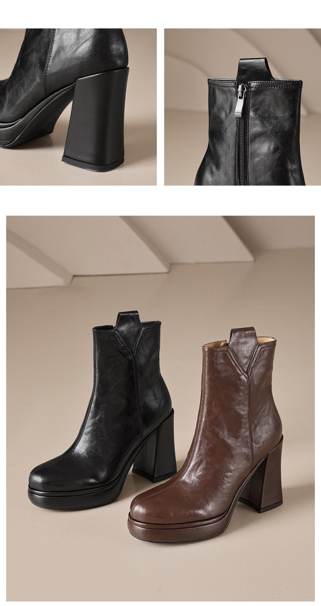 Boot nữ cổ thấp gót thô 10cm khoá kéo bên hông, da bò vân mềm phong cách Anh — Lớp lót đơn màu đen, Lớp lót đơn màu nâu, Lót nhung đen, Lót nhung màu nâu