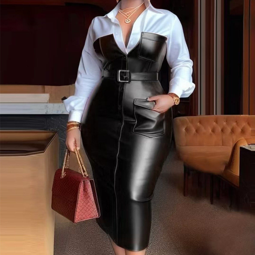 亚马逊跨境欧美新款气质通勤pu皮腰带拼接撞色女装衬衣长袖连衣裙