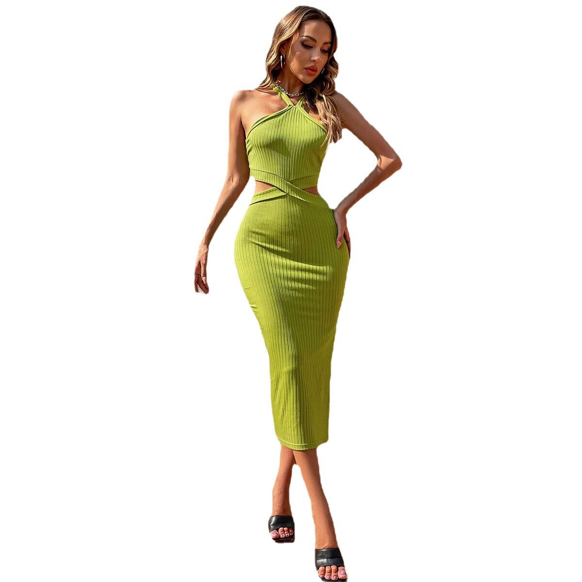 Sleeveless Halter Neck Dress Sexy Hollow Out Design Mid Length Comfortable Fabric Perfect for Travel and Summer