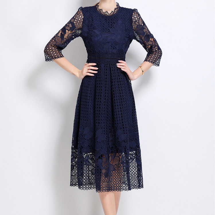 Elegant Mid Length Dress Slimming Hollow Water Soluble Lace Perfect for Formal Events Ready to Ship