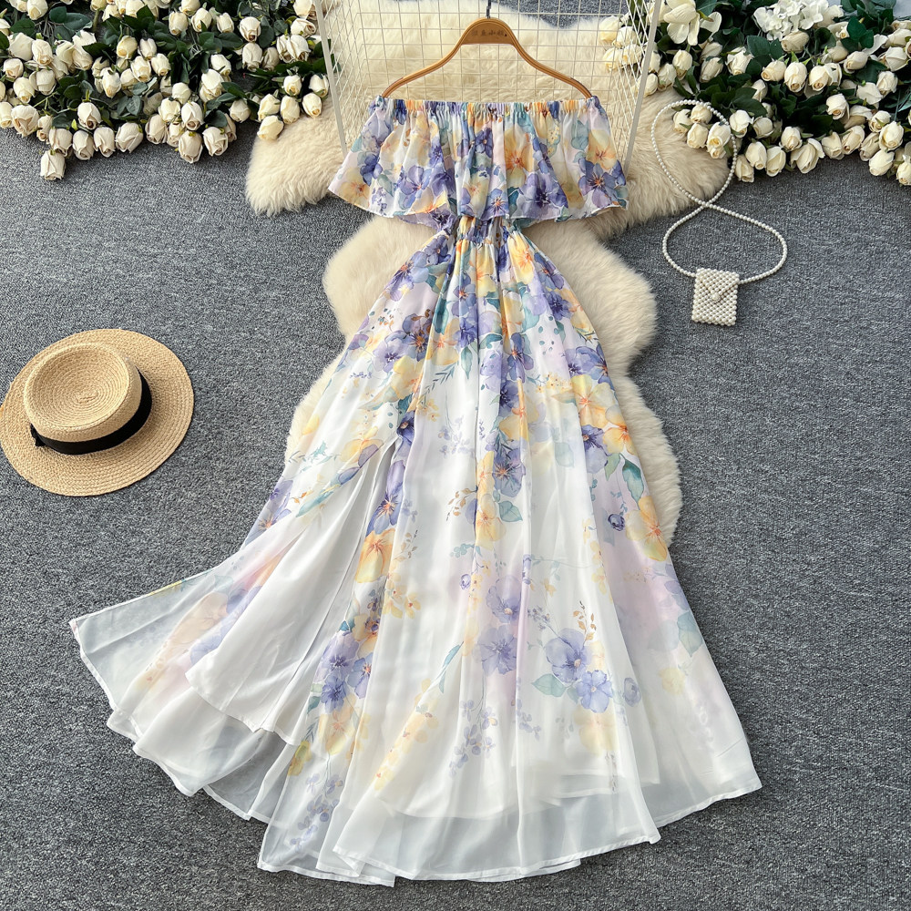 Off Shoulder Ruffle Hem Floral Maxi Dress High Waist Slim Fit Elegant Spring Summer Vacation Style Wholesale