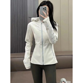 Lulu Original Label Soft Shell Jacket with Steel Print Cross Sports Jacket Hooded Women's Fitness Fleece-Lined Warm and Windproof