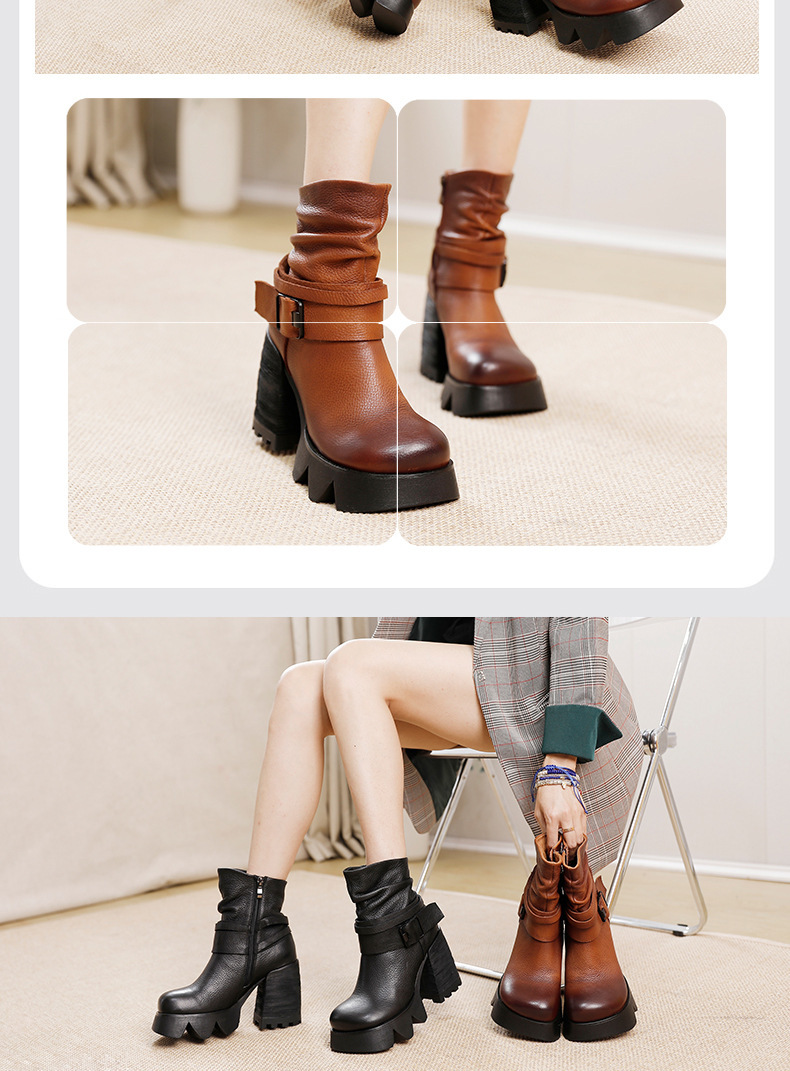 Boot nữ da bò thật gót thô cao cổ ôm bắp chân khóa kéo bên — Màu đen, Màu nâu đậm
