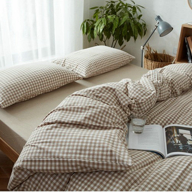 Japanese Style Washed Cotton Four-Piece Set All Cotton Naked Sleeping Soft Cotton Simple Plaid Bed Sheet Quilt Cover Bedding Kit