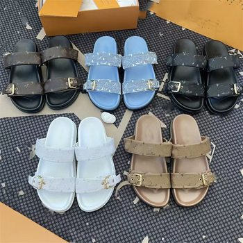 2024 New Large Size European and American Fashion Men's and Women's Versatile Printed Two-Strap Metal Buckle Thick-Soled Slippers Beach Shoes