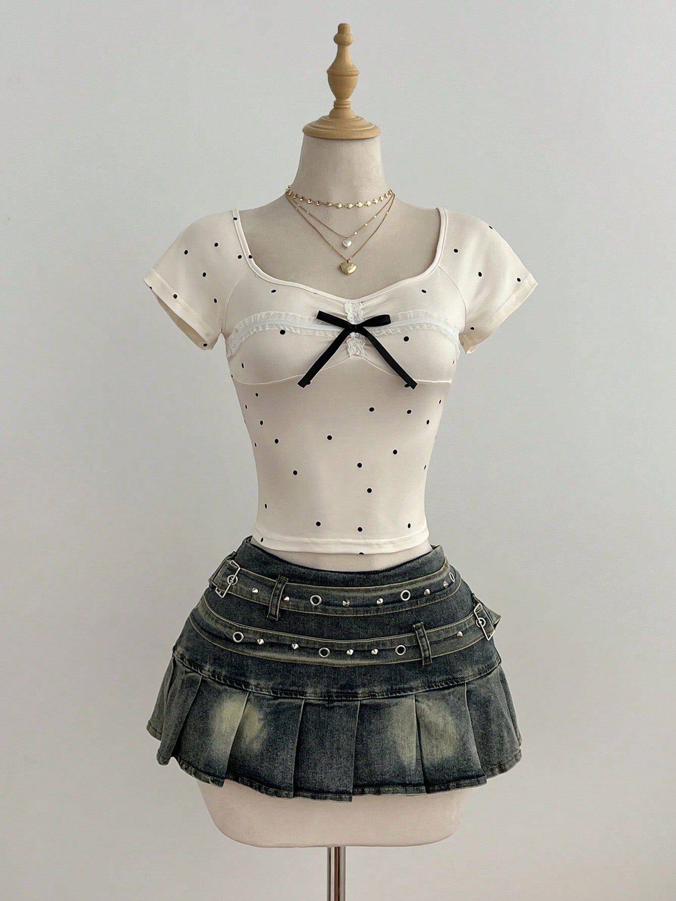 Summer Womens Short Sleeve T Shirt Polka Dot Design Bow Detail Casual Style Ready to Ship Low MOQ