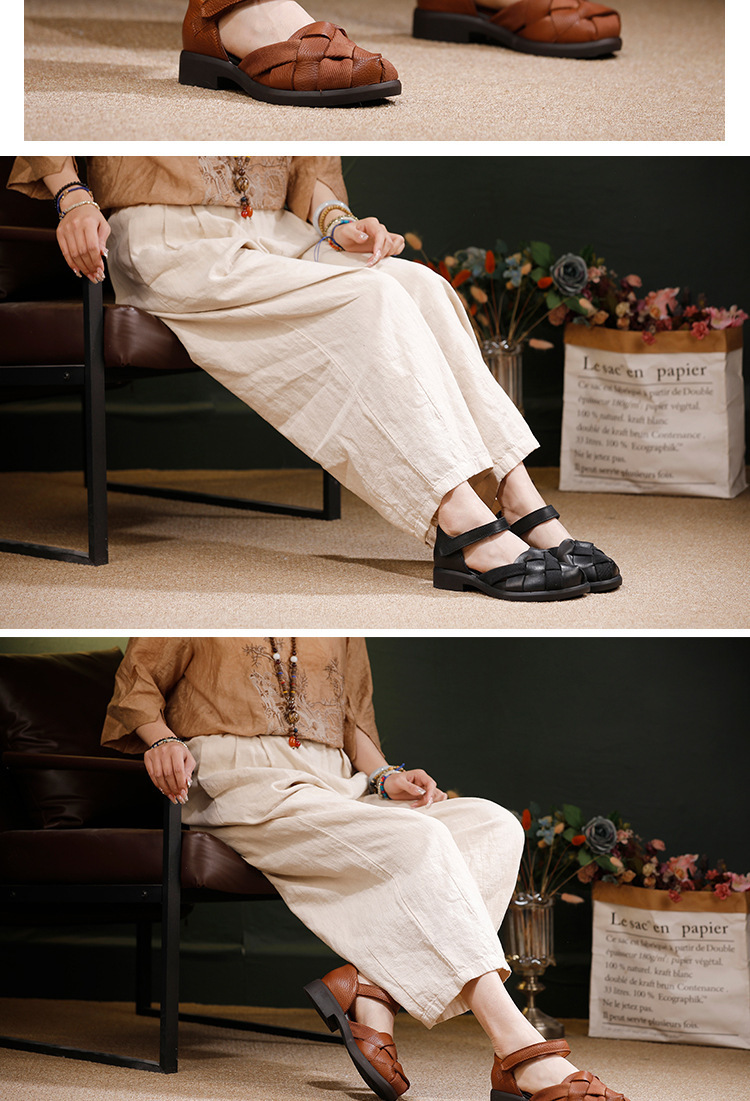 Sandal nữ quai ngang bít mũi đan dây đế mềm da bò — màu đen, Màu nâu