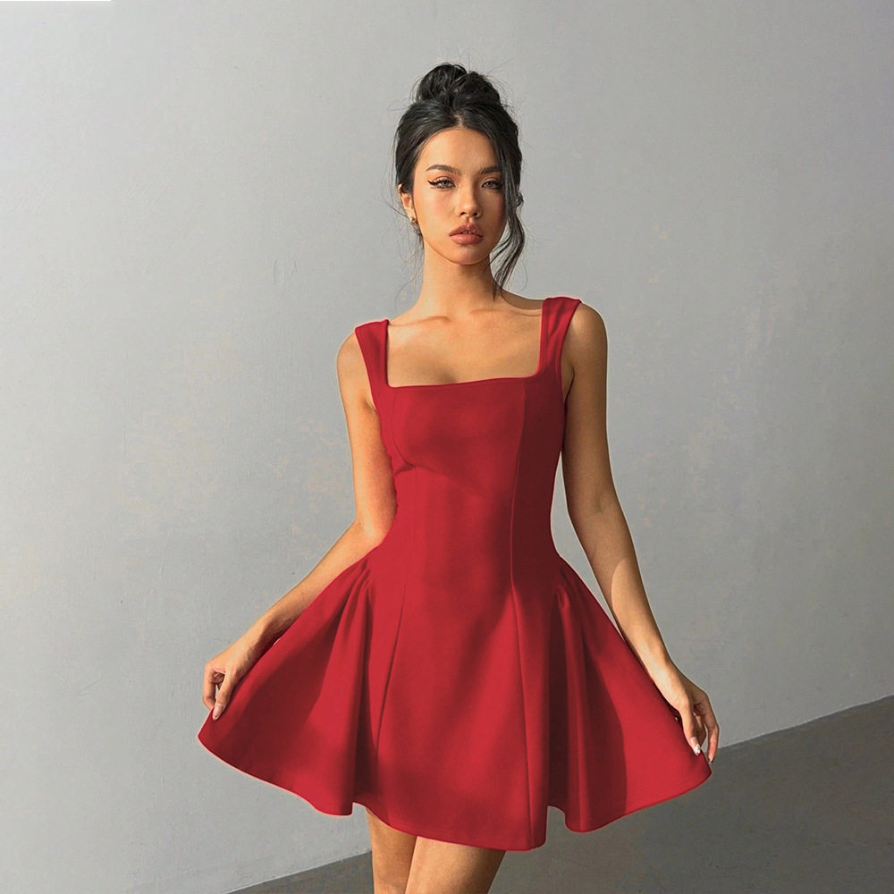 Red A Line Dress Fitted Square Neck Backless Short Hem Spring Summer Fashion Wholesale Available