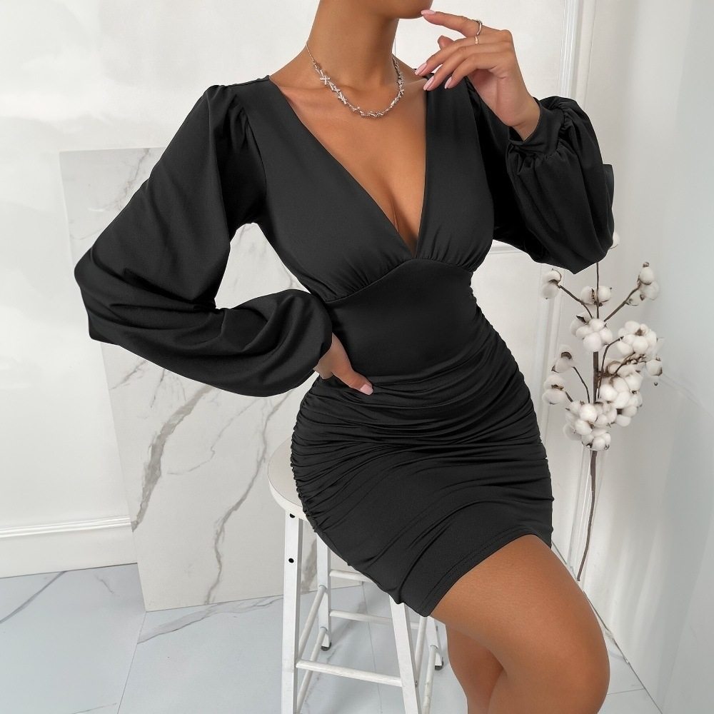 Womens Sexy V Neck Dress Waist Defining Pleated Slim Fit High Waisted Spring Summer Fashion Wholesale Available