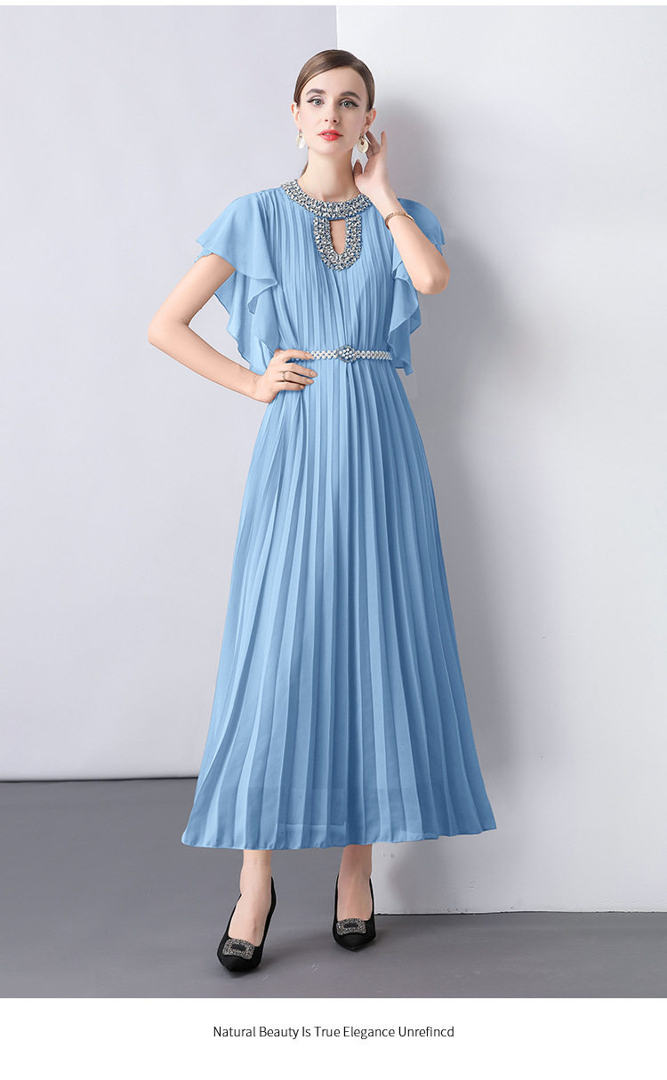 Elegant Long Dress Ruffled Sleeves Embellished Neckline Fitted Waist Vintage Style for Formal Occasions Wholesale