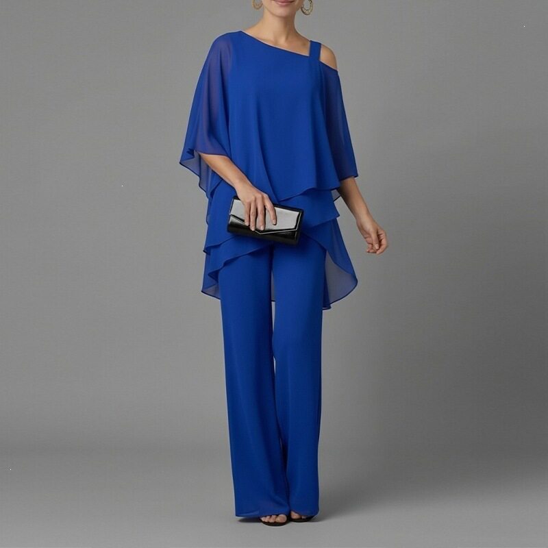 Womens Summer Outfit Set Stylish Solid Color Asymmetrical Neckline Batwing Sleeve Straight Pants Casual Wear