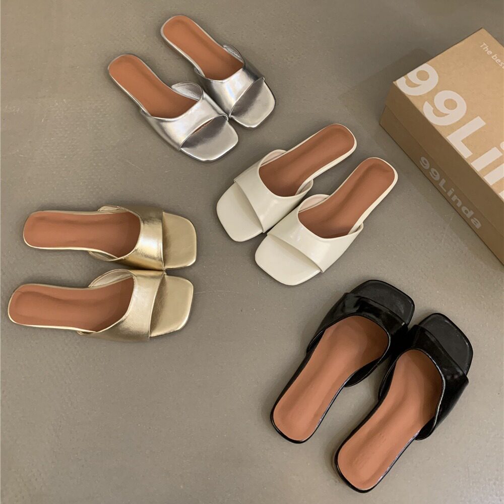 Korean Style Flat Slippers Silver Sandals Slippers Women's Summer Outfit Beach Slippers French Style Women's Shoes