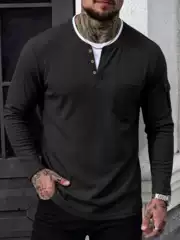 Cross-Border Men's T-Shirt with Fake Two-Layer V-Neck, Spring and Autumn Style, Fashionable Patchwork, Large Size Base Shirt, Long-Sleeve T-Shirt for Men Wholesale
