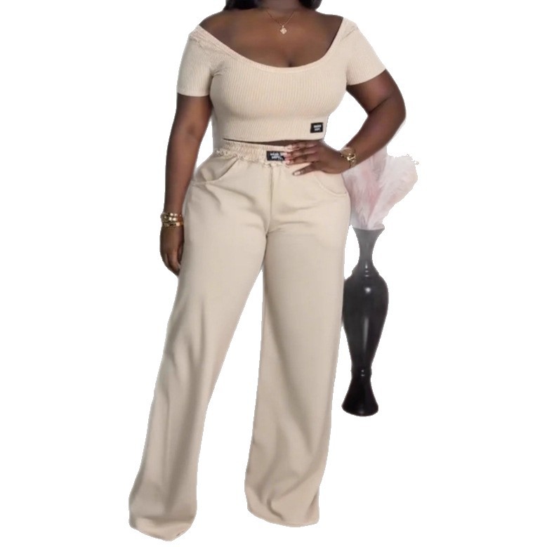 Summer Womens Casual Set Solid Color Round Neck Short Sleeve Top with Long Pants Perfect for Everyday Wear