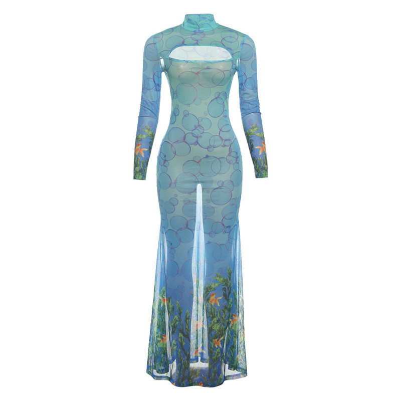 Fashionable Womens Hollow Out Mermaid Dress Unique Print Sexy Silhouette Autumn Style Wholesale Available