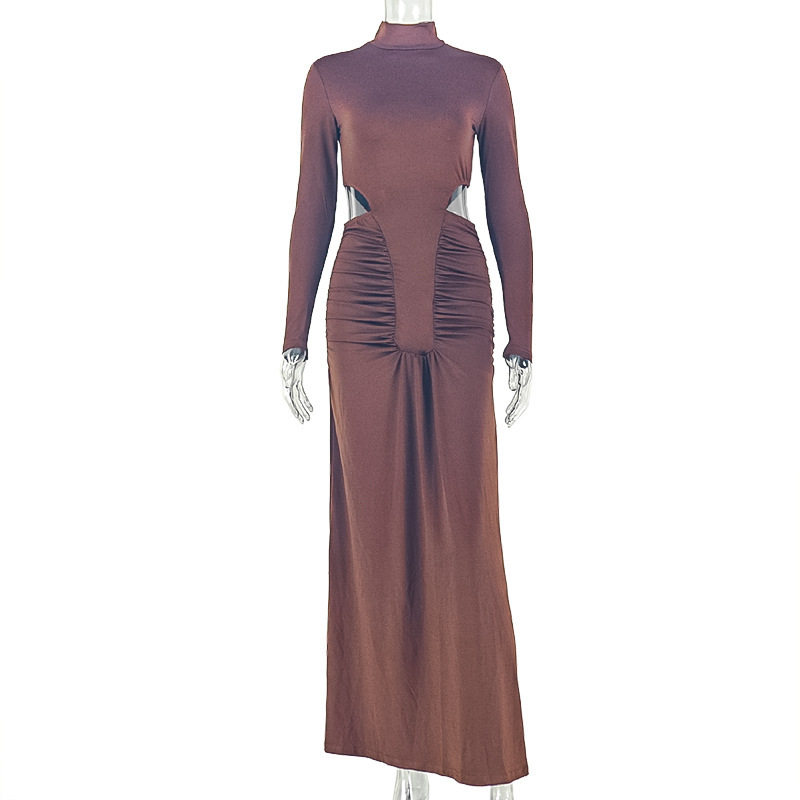 Womens Bodycon Dress Solid Color Ruffled Hem High Neck Long Sleeve Stylish for Office Wear or Casual Events