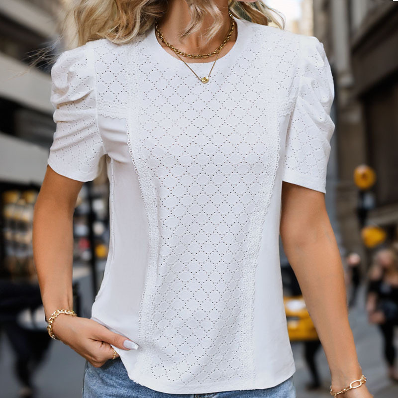 Summer Womens White Textured Top Puff Sleeve Casual Style Perfect for Everyday Wear Wholesale Available