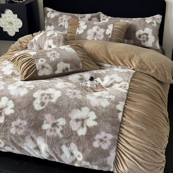 Ancient French Rabbit Plush Four-Piece Set Milk Velvet Autumn and Winter Fleece-Lined Thickeneded Quilt Cover Three-Piece Set Double-Sided Velvet Carving