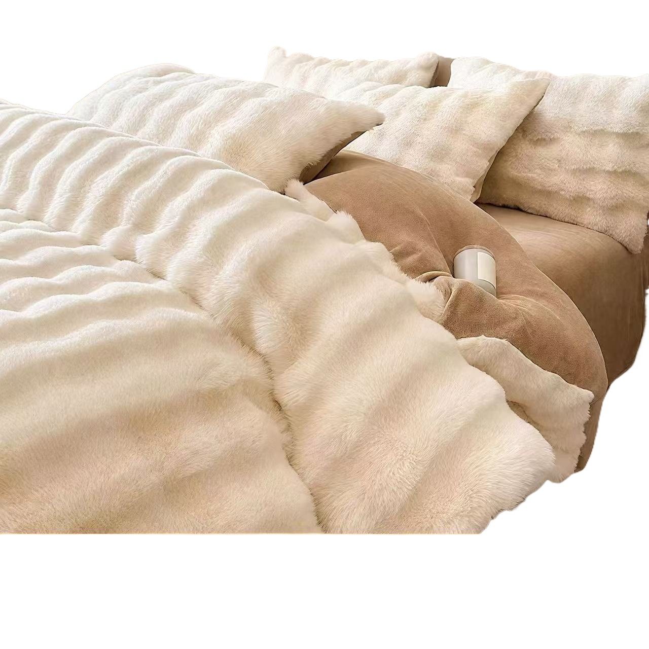 Winter Thickeneded Milk Four-Piece Warm Coral Quilt Cover Bed Sheetss Double-Sided Rabbit Plush Three-Piece Bedding Set