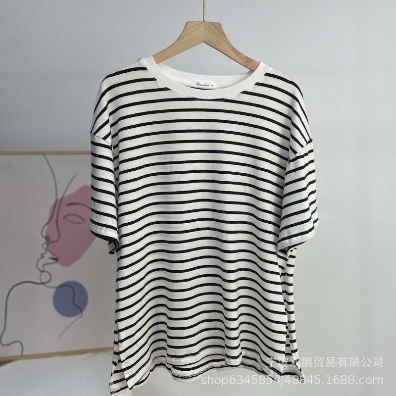 Womens Striped Cotton T Shirt Loose Fit Long Sleeve Split Hem Casual Spring Summer Style Wholesale Available