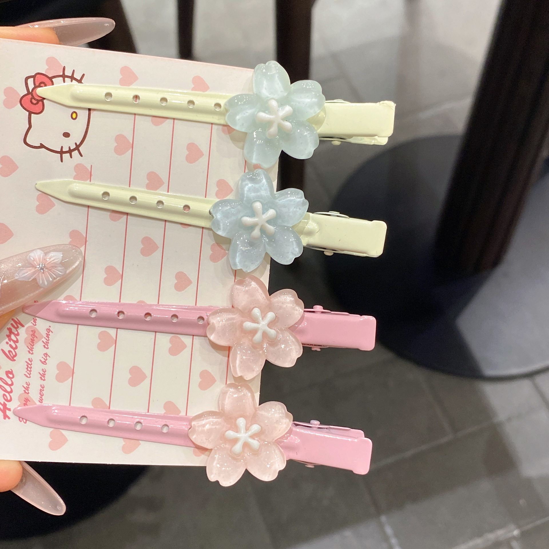 2025夏季冰透粉色樱花长条发夹高颜值少女刘海发卡鸭嘴夹花朵发饰